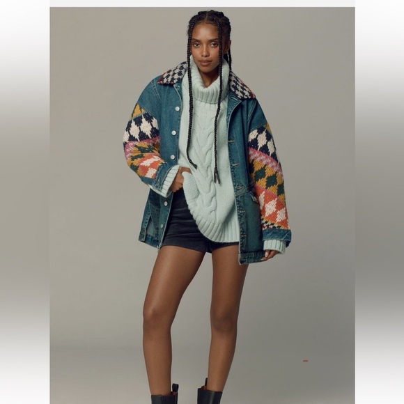 Pilcro Jackets & Blazers - Anthropologie Pilcro Crochet Denim sweater Jacket with Patterned Sleeves XS